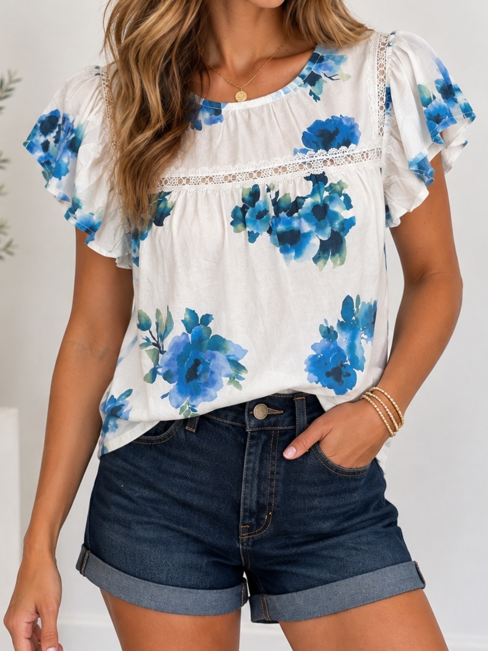 Marc New York Andrew Marc Floral Flutter Sleeve Lace Blouse White Blue Small